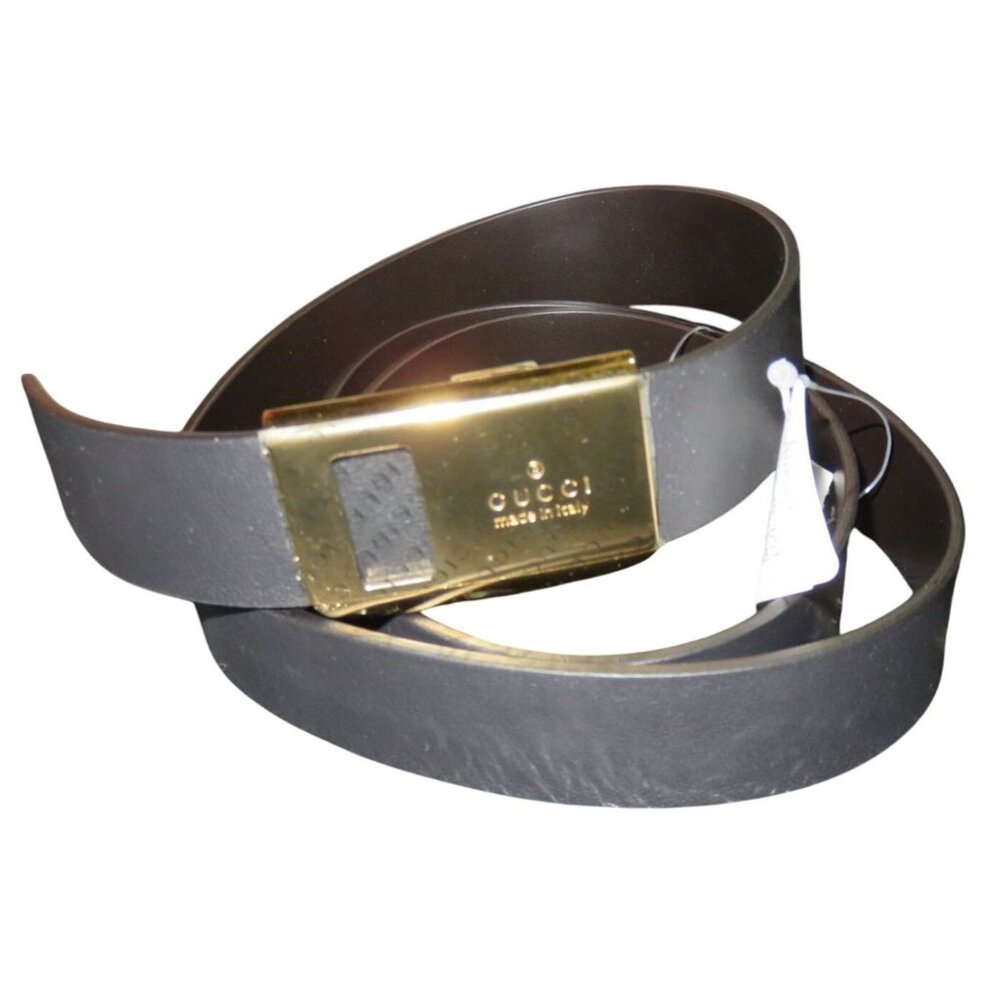 Gucci Black Leather Gold Buckle Logo Plaque Belt sz 38 95/38 (46 inches)